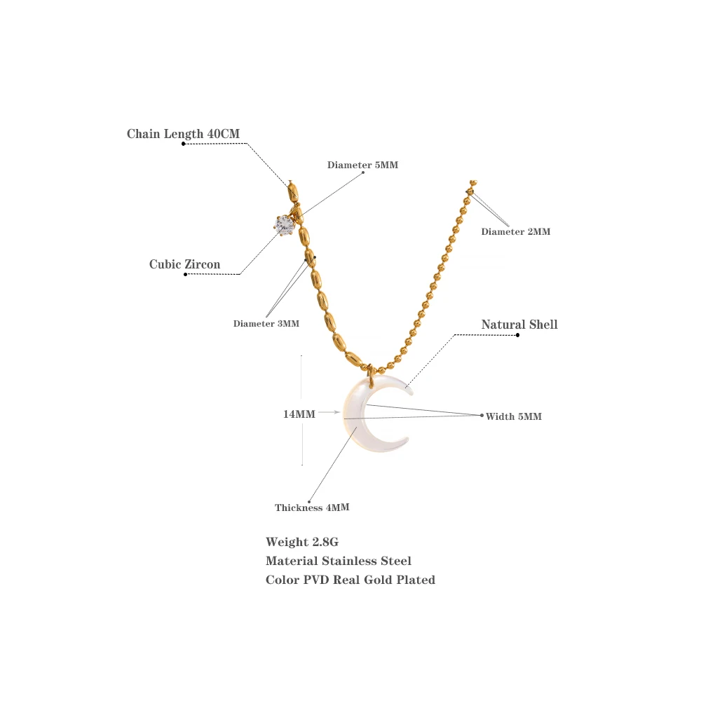 Yhpup Stainless Steel White Shell Moon Pendant Chic Necklace Unique Gold Color Beads Chain Zircon Collar Charm Delicate Jewelry