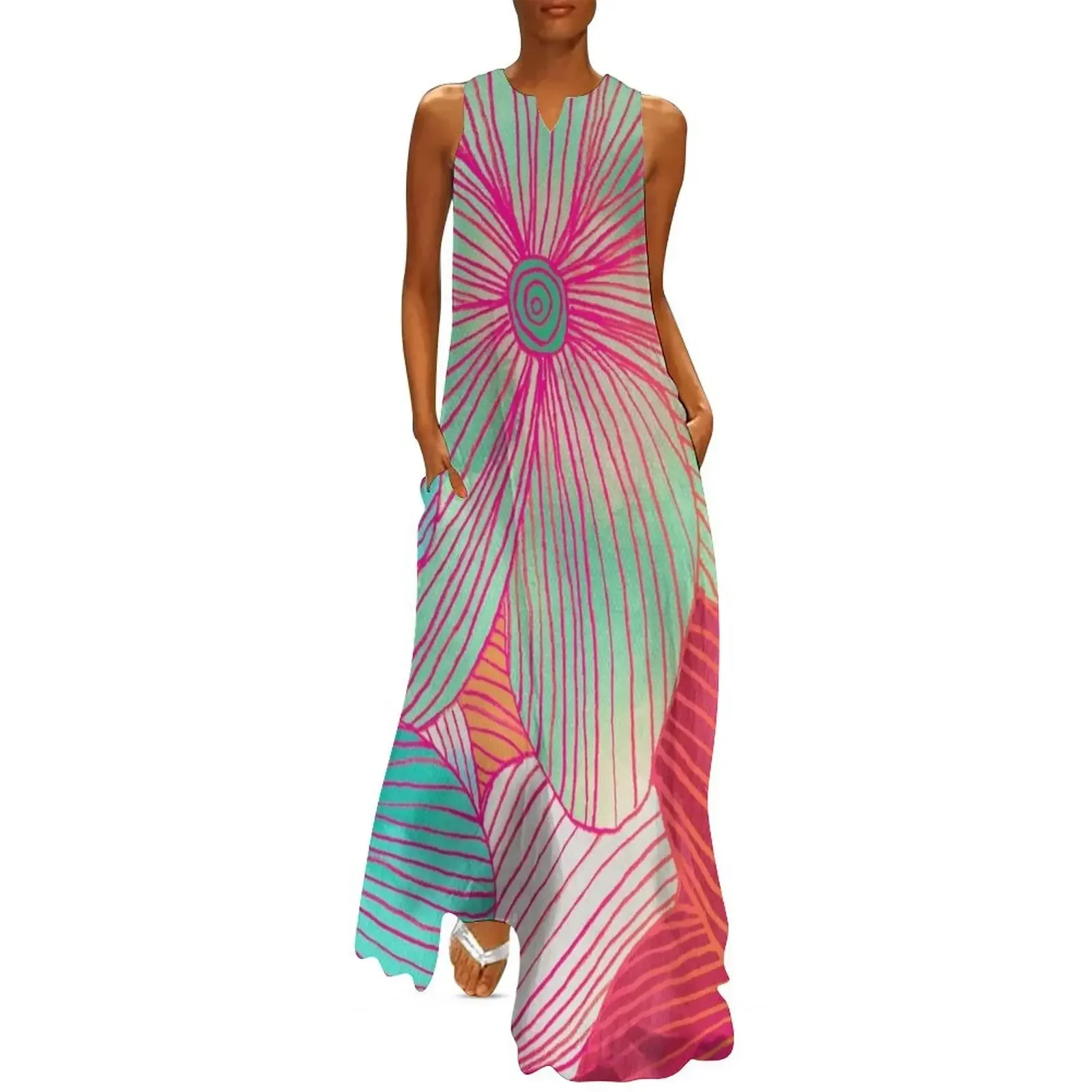 

Between the Lines - tropical flowers in pink, orange, blue & mint Long Dress dresses for womens Dress