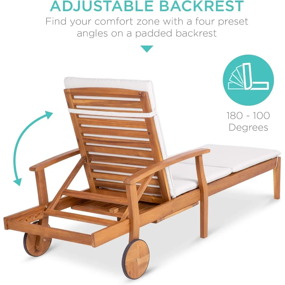 Acaciahout Chaise Lounge Stoel Fauteuil, Tuinmeubilair Voor Terras, Zwembad Met Uitschuifbare Bijzettafel, Met Schuim Gewatteerd Kussen