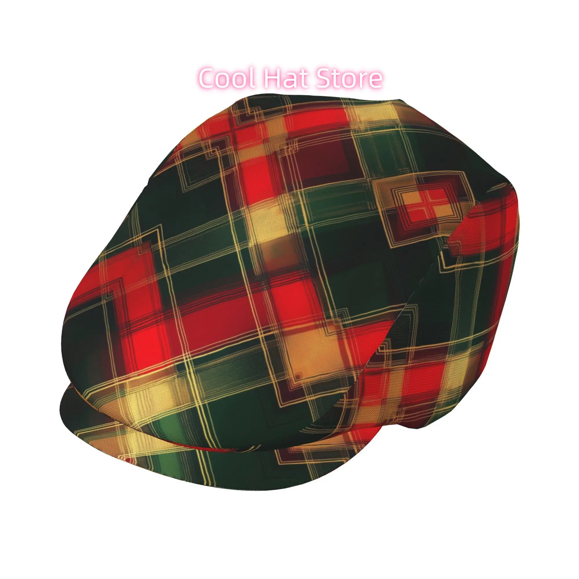 1pc Retro Scottish Tartan Cap with Red/Green/Golden Diagonal Plaid - Adjustable Flat-Top Beret Suitable for Day, Irish Taxi Driv