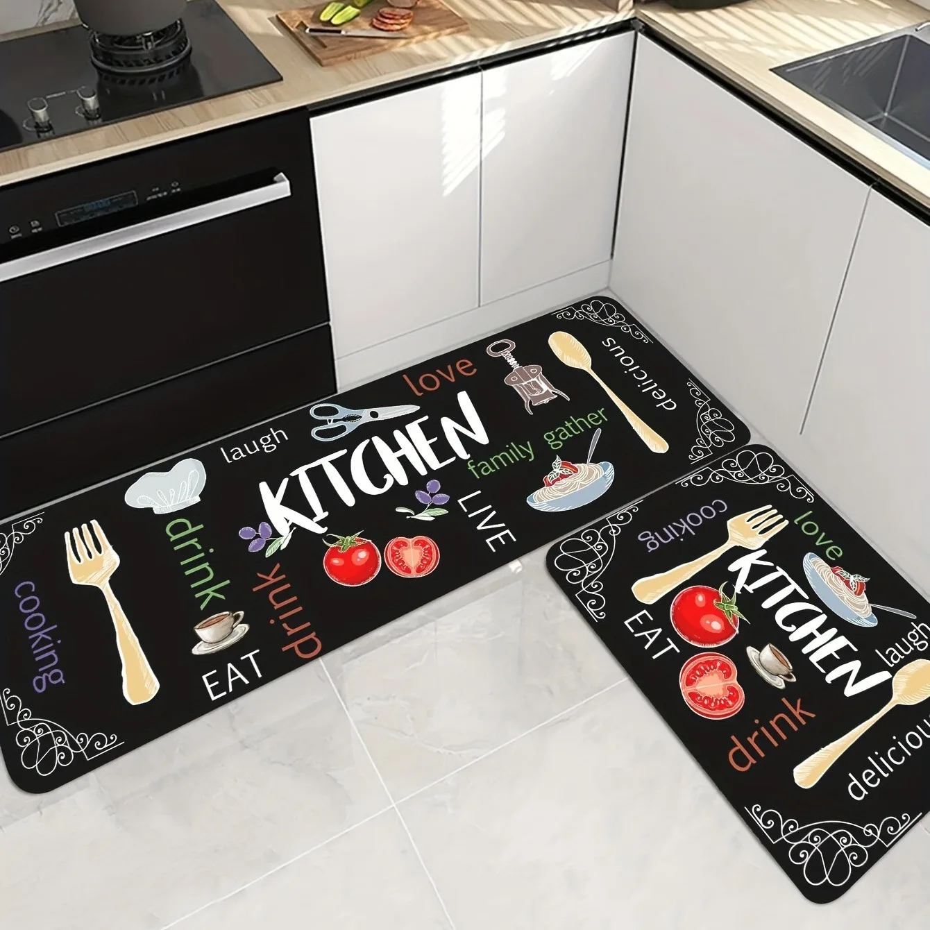 Modern Non-Slip Kitchen Mat with Vibrant Digital Printed Letters Carpet Anti-Slip Rug for Modern Kitchen Home Decor Floor Mat