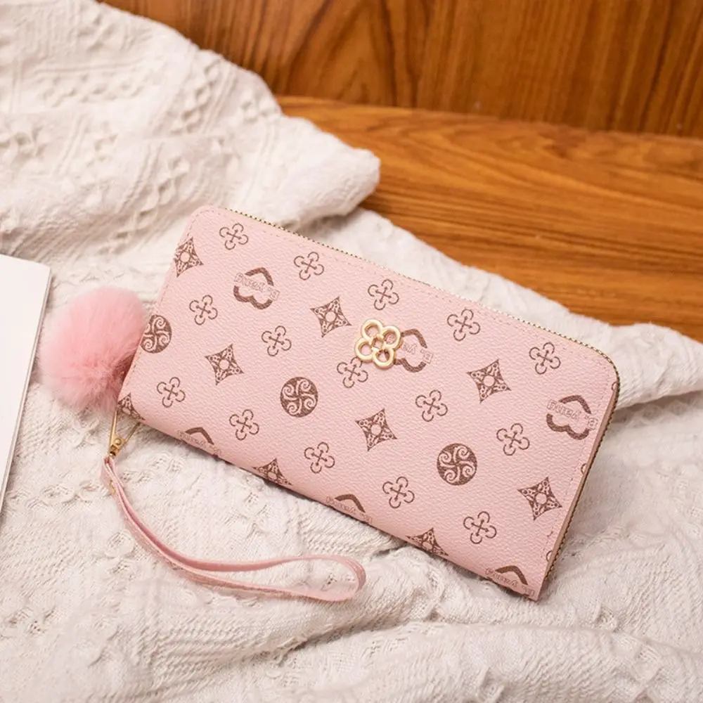 

PU Leather Women Long Wallet Large Capacity Portable Long Clutch Bag Fluffy Ball and Printed Decoration Lady Card Holder Women