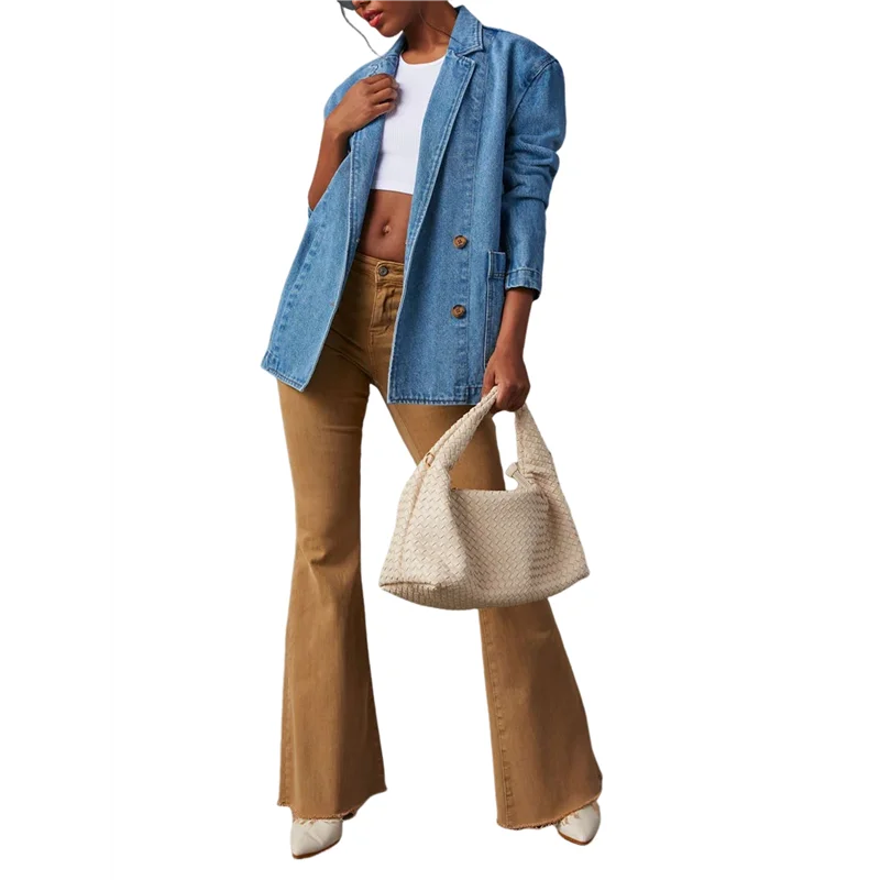 

ABGR-Женская джинсовая куртка с карманом, Y2K винтажный осенне-зимний свободный однобортный кардиган с лацканами, пальто синего цвета M