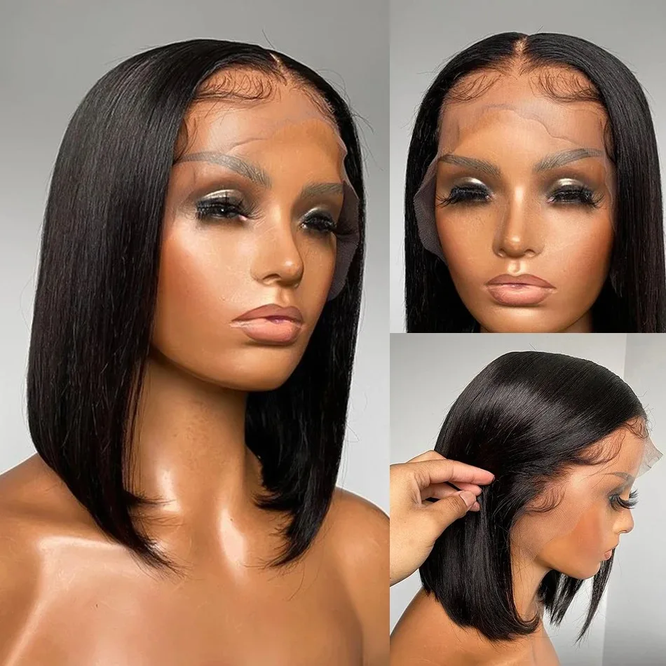 Black Wig Short Straight Lace Front Wig 13X4 HD Bob Lace Frontal Wig Glueless Pre Plucked Synthetic Daily Cosplay for Women