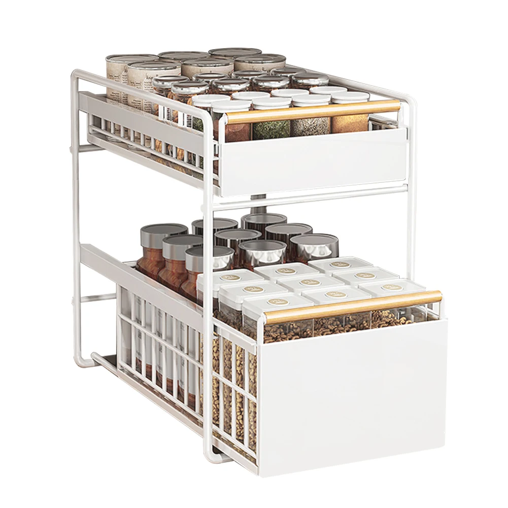 

2-Tier Cabinet Pull-Out Organizer with Hooks Slide Storage Drawer Multifunction Storage Holder for Bathroom Bedroom Skin Care