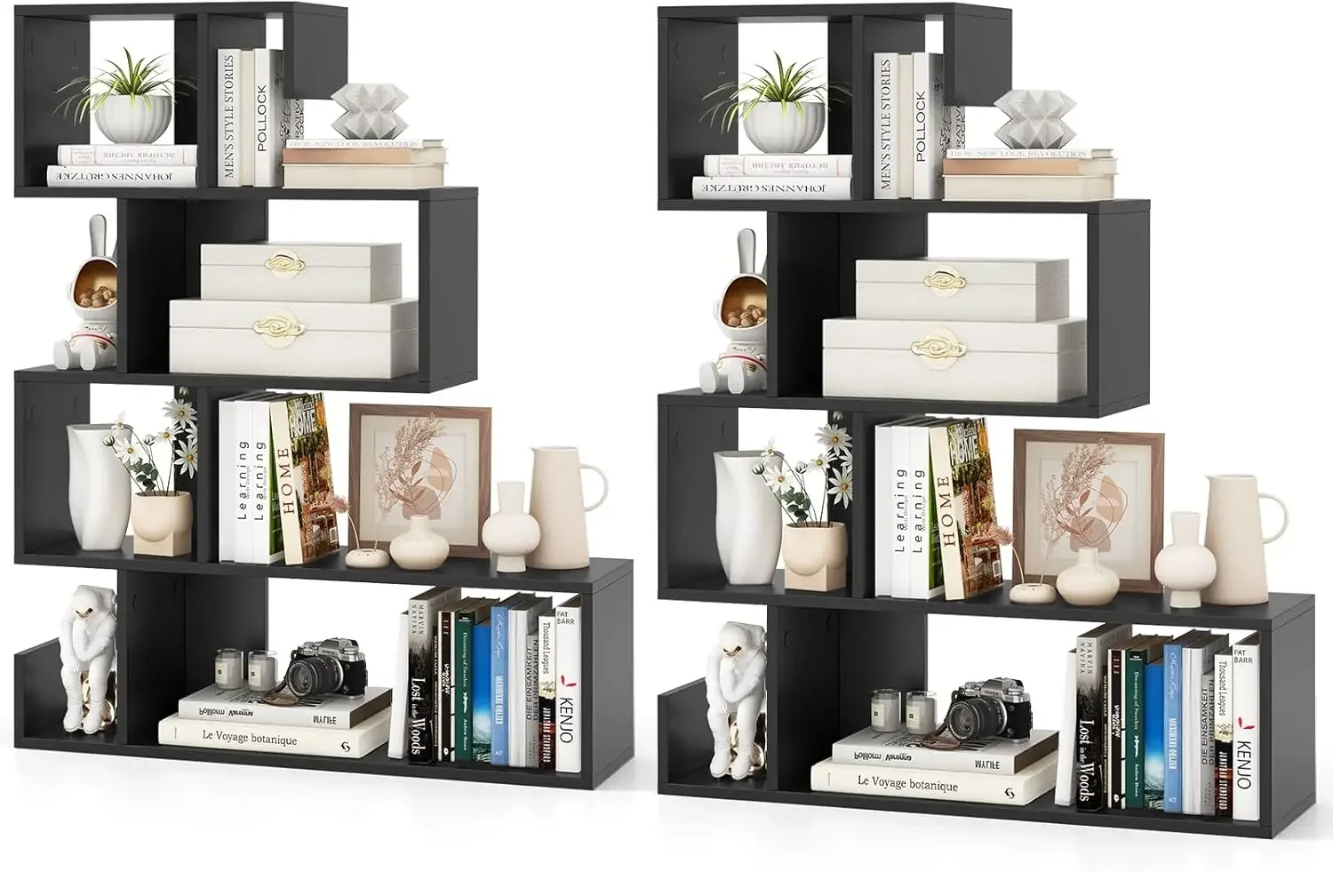 S-shaped Bookshelf, 5-Tier Modern Geometric Stepped Bookcase with Anti-tipping Kits,  (2, Black)