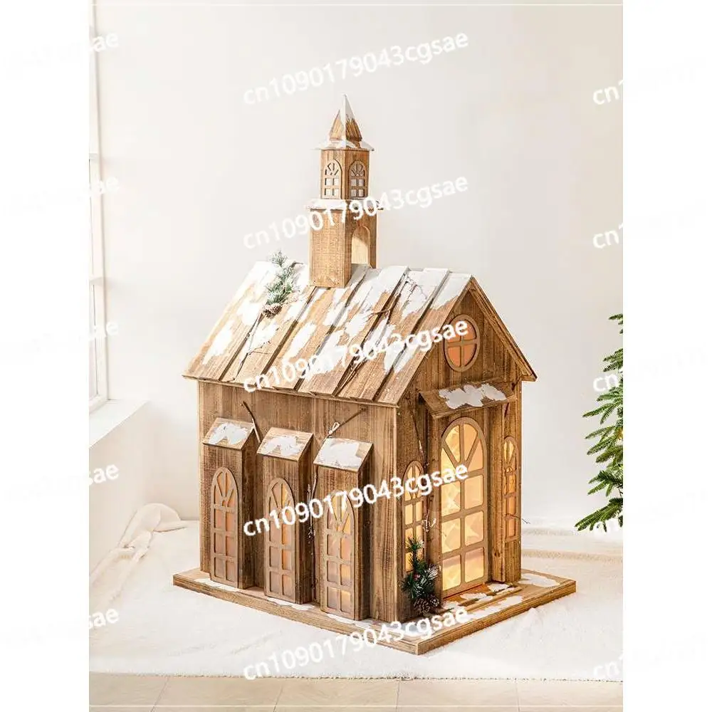 Christmas Snow House Christmas Decorations Large Luminous Store Old Color Big Wooden House Window Scene Arrangement