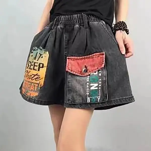 Korean Fashion Summer Women\'s Elastic Waist Pockets Distressed Printing Street Casual High Waist Loose Cowboy Wide Leg Shorts