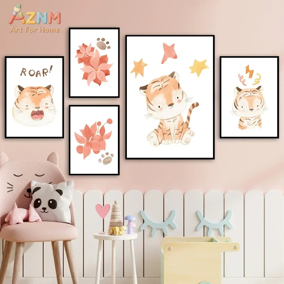 AZNM Cute Watercolor Tiger Canvas Wall Art, Neutral Nursery Print, Cartoon Animal and Floral Painting for Kids Room Decor
