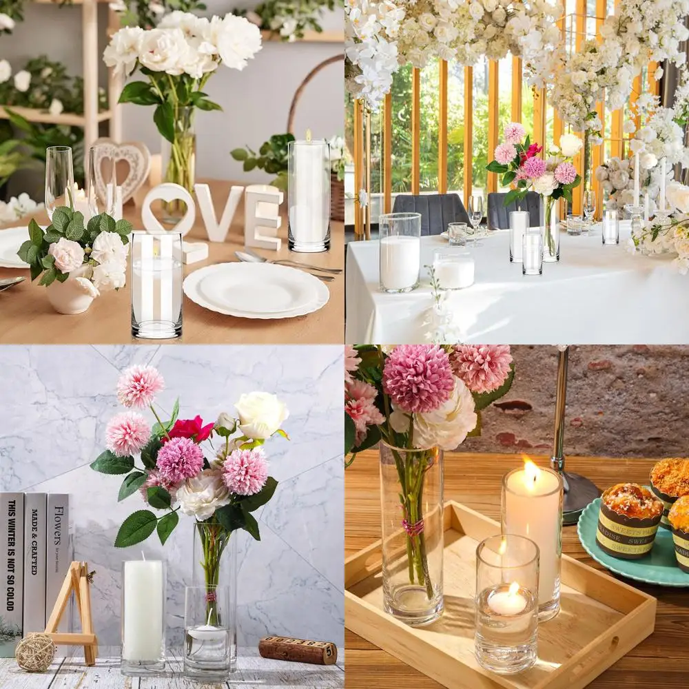

Clear Glass Cylinder Vases, Set of 18, 5, 6, 8 for Wedding Party Centerpieces, Floating Candle and Flower Holders
