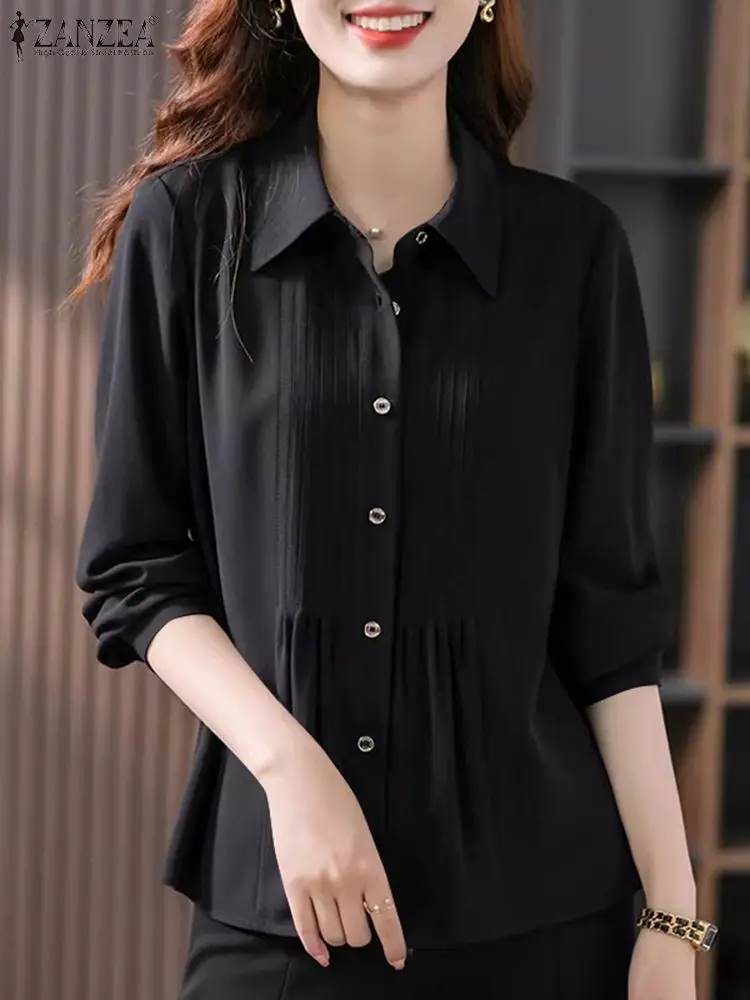 ZANZEA Elegant Women Solid Shirt Fashion Office Pleated Cardigans 2024 Summer Lapel Tunics Oversized 3/4 Lantern Sleeve Tops