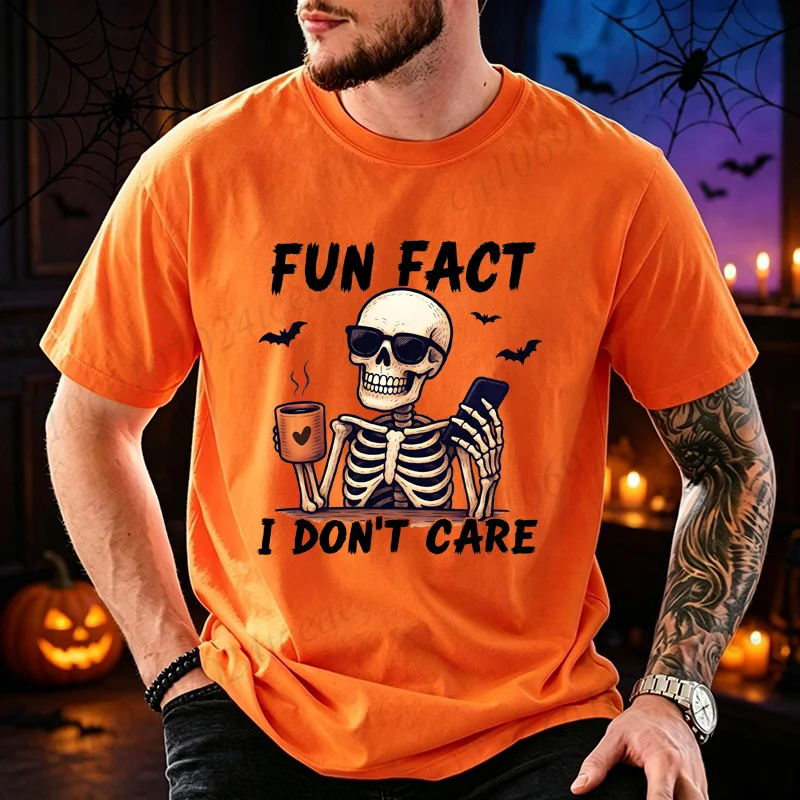 Halloween Skeleton Tshirt Fun Fact I Don't Care Shirt Sarcasm Men T‑shirt Skull Coffee Graphic Tee Men Casual Streetwear Top