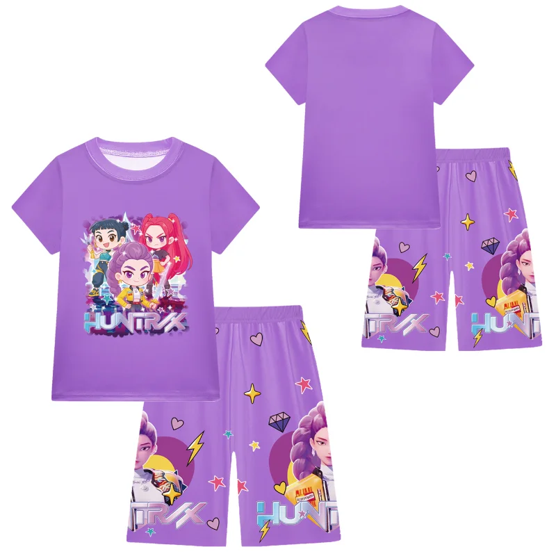 2 szt. Koszulki i szorty dla dzieci K-Pops Demons Hunters z nadrukiem 3D, bluzki, t-shirty, chłopięce i dziewczęce, codzienne koszulki z krótkim rękawem, odzież do spania dla dzieci