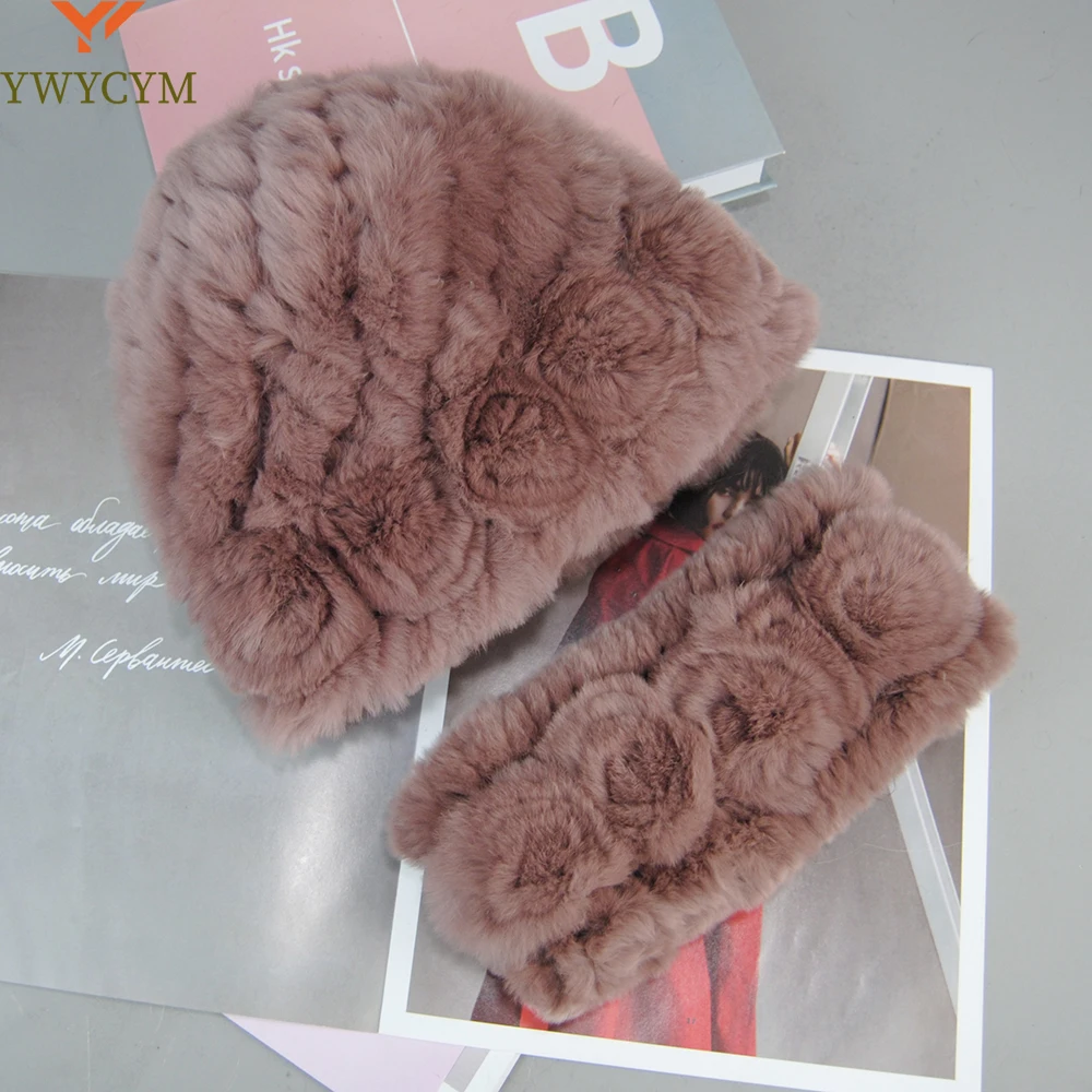 

Fashion Lady Winter Natural Real Rex Rabbit Fur Hat Scarf High Quality Women Knit 100% Genuine Fur Hat Muffler Sets Girl Fur Cap