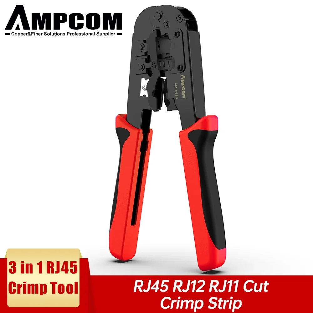 AMPCOM Crimping Tool RJ45 and RJ12, RJ11 Crimper Cutter Stripper Network Cable CrimpTool for 4P 6P 8P RJ-11/RJ-12 RJ-45