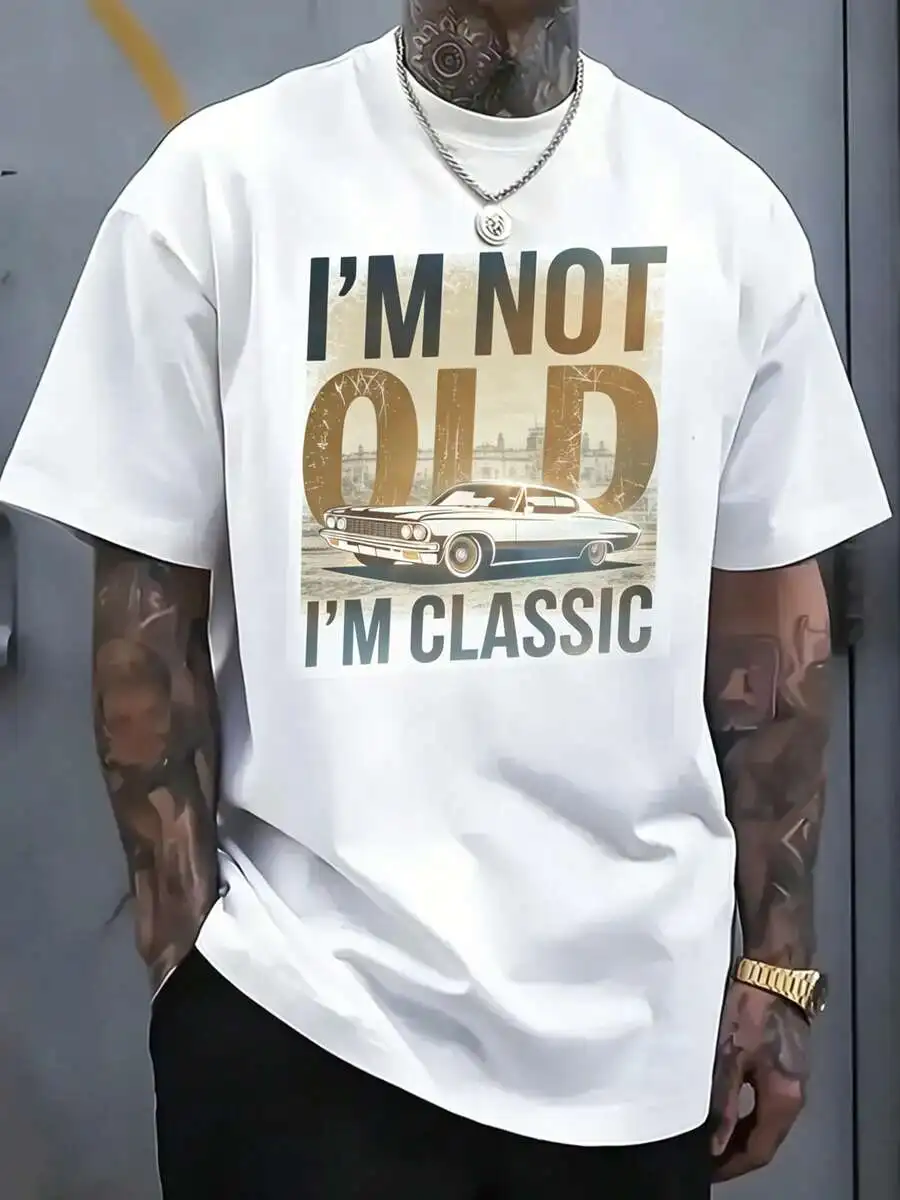 Flat Print Classic Car-Themed Short-Sleeve Shirt, Simple And Loose Fit, Breathable And Skin-Friendly, Effortlessly Captures The