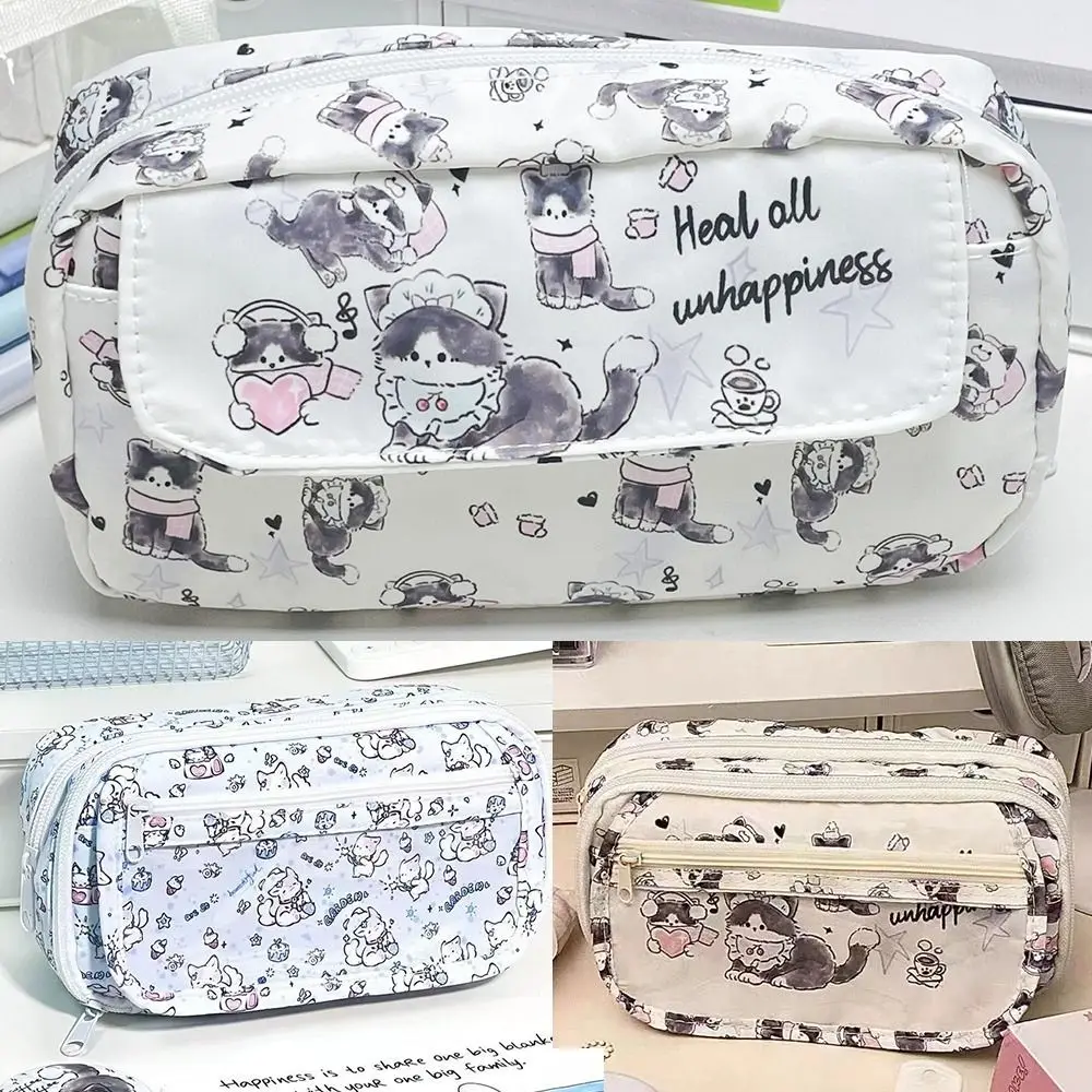 Multi Functional Cute Cat Pen Bag Large Capacity Dirt-proof Pencil Case Three-layer Stationery Bag Students