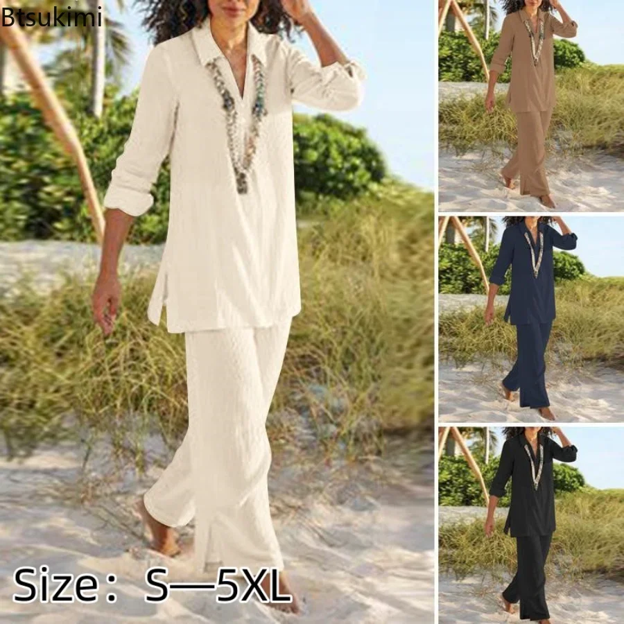 2024 Women's 2piece Cotton Linen Sets Solid Vintage Long Sleeve Shirts and Wide Leg Straight Pants Sets Casual Pants Sets Female