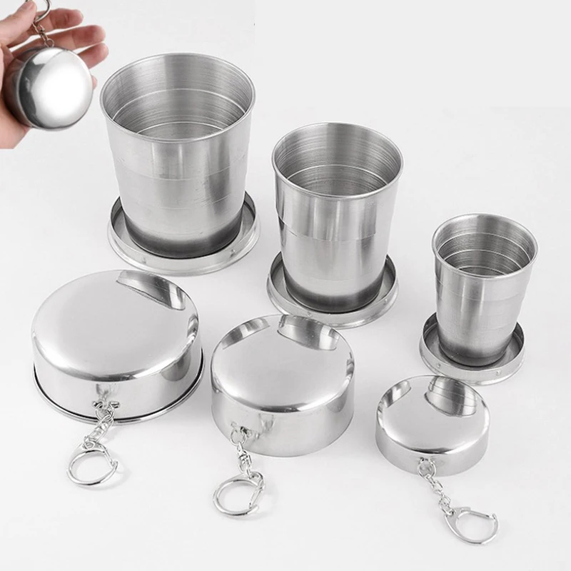 1Pc Stainless Steel Folding Cup With Keychain Portable Retractable Telescopic Cups.