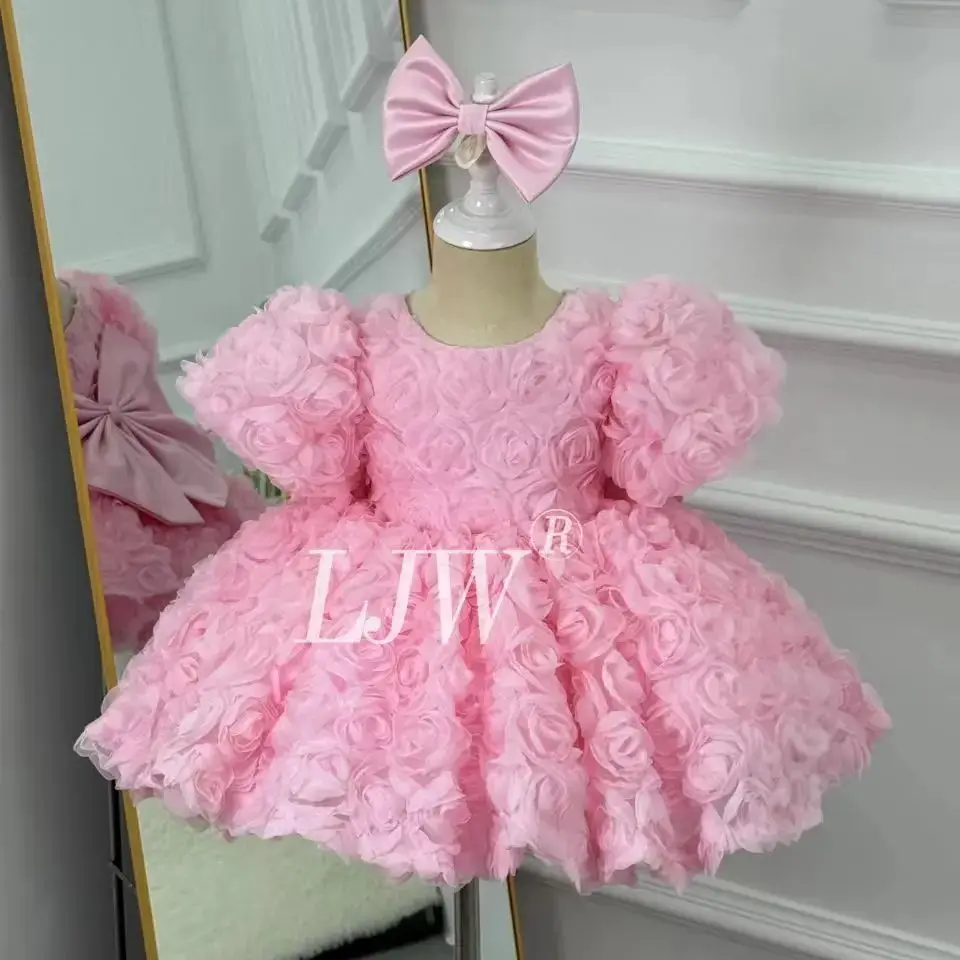 

Baby Girl Princess 3D Flower Bubble Sleeves Pink Toddler Pageant Dress hild Rose Vestido Wedding Party French Princess Birthday