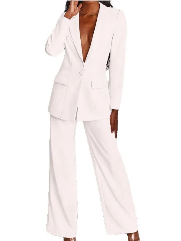 Long Sleeve Suit Pants Set High Waist Straight Leg Fit Casual Workwear Two Piece Set for Women 25-35 Years Old Summer Season