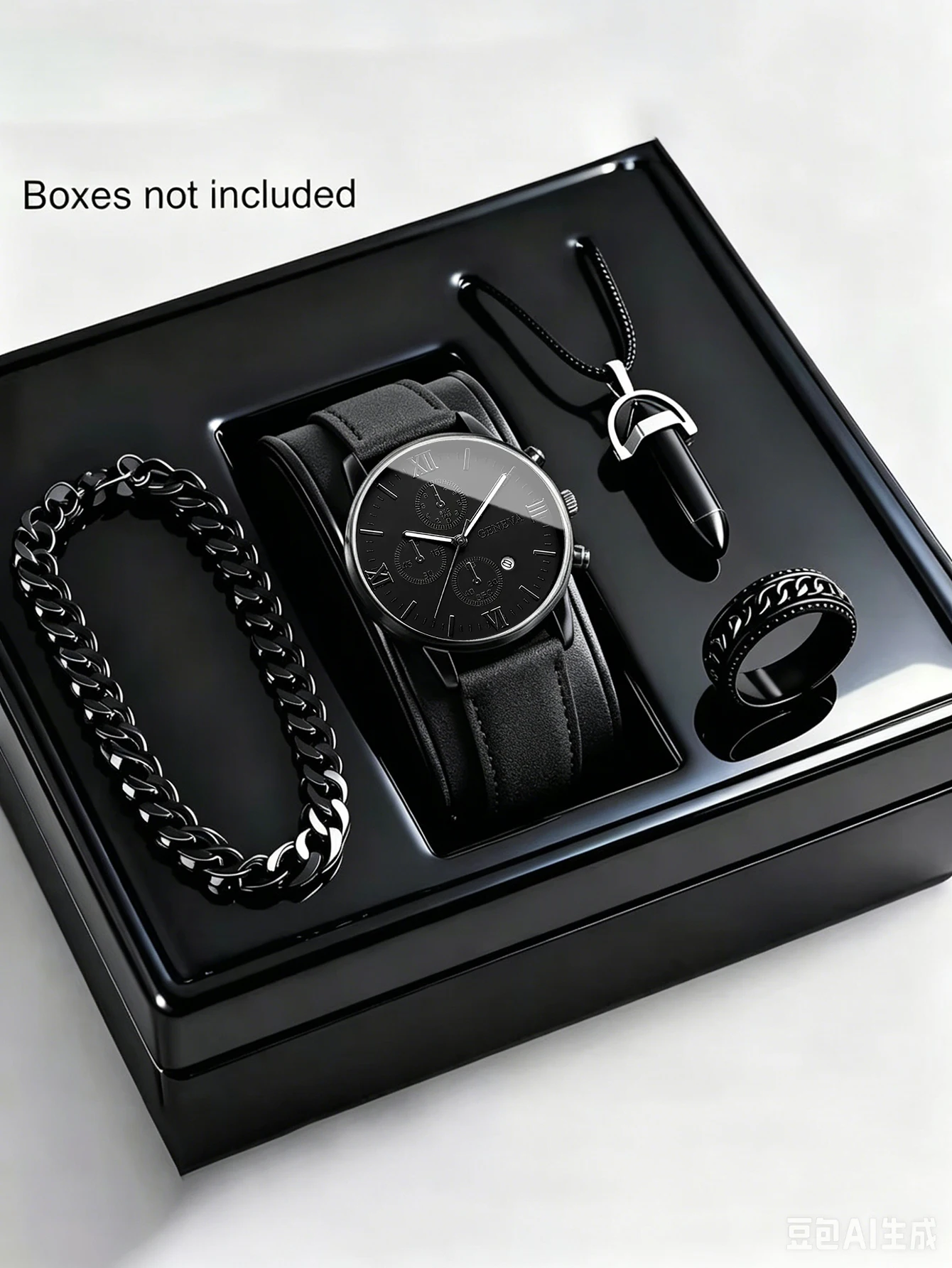 Men's Quartz Watch with Necklace Bracelet Ring Set Calendar Function Festive Outfit Matching，not include the box
