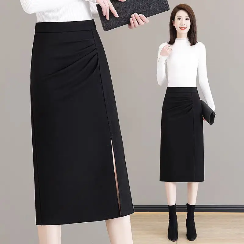 Jupe en laine pour femmes, automne hiver, taille haute, amincissante, Tube droit, hanche, mi-longue, fente, robe une étape