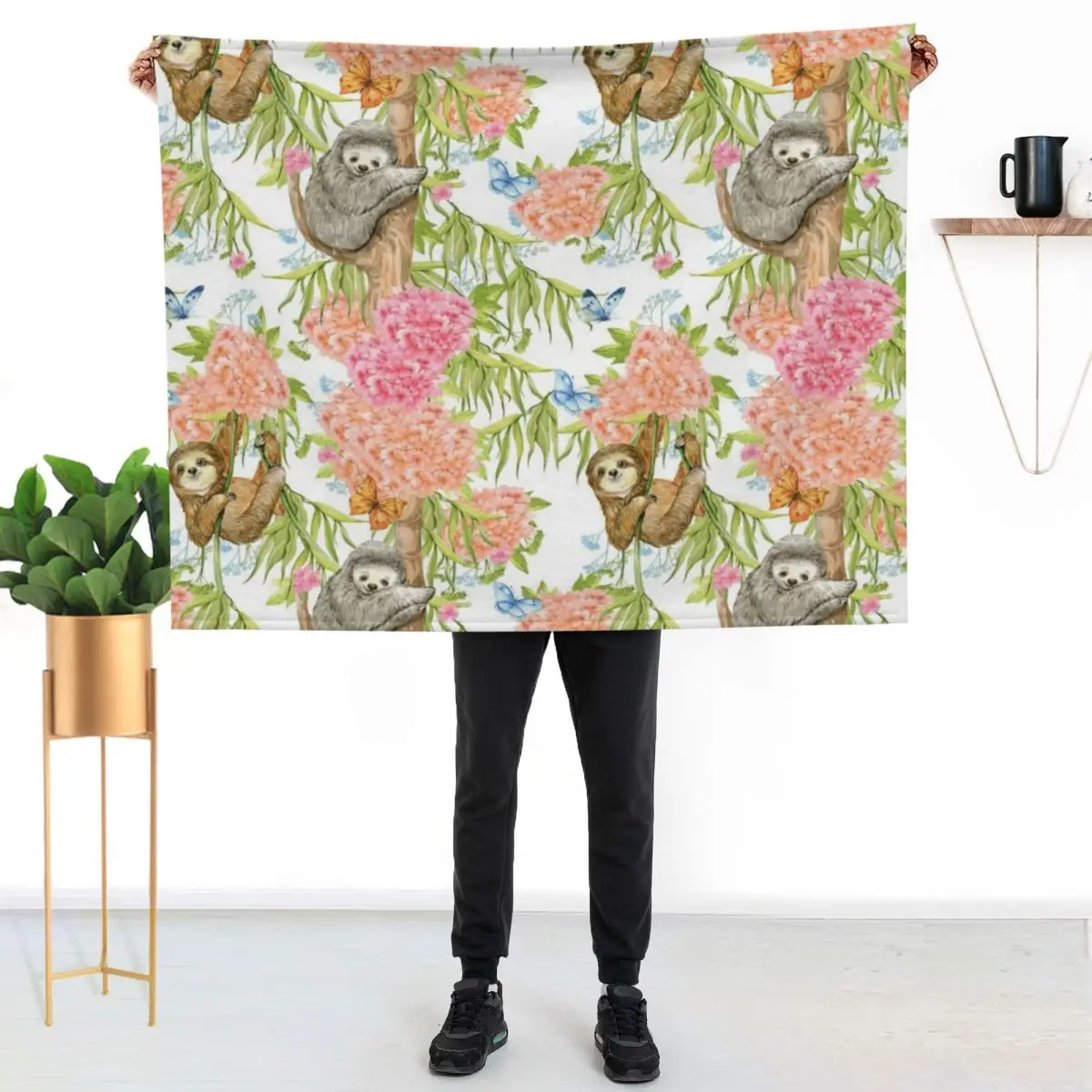

Sloth and flowers Throw Blanket Warm Accent Blanket for Living Room Decoration