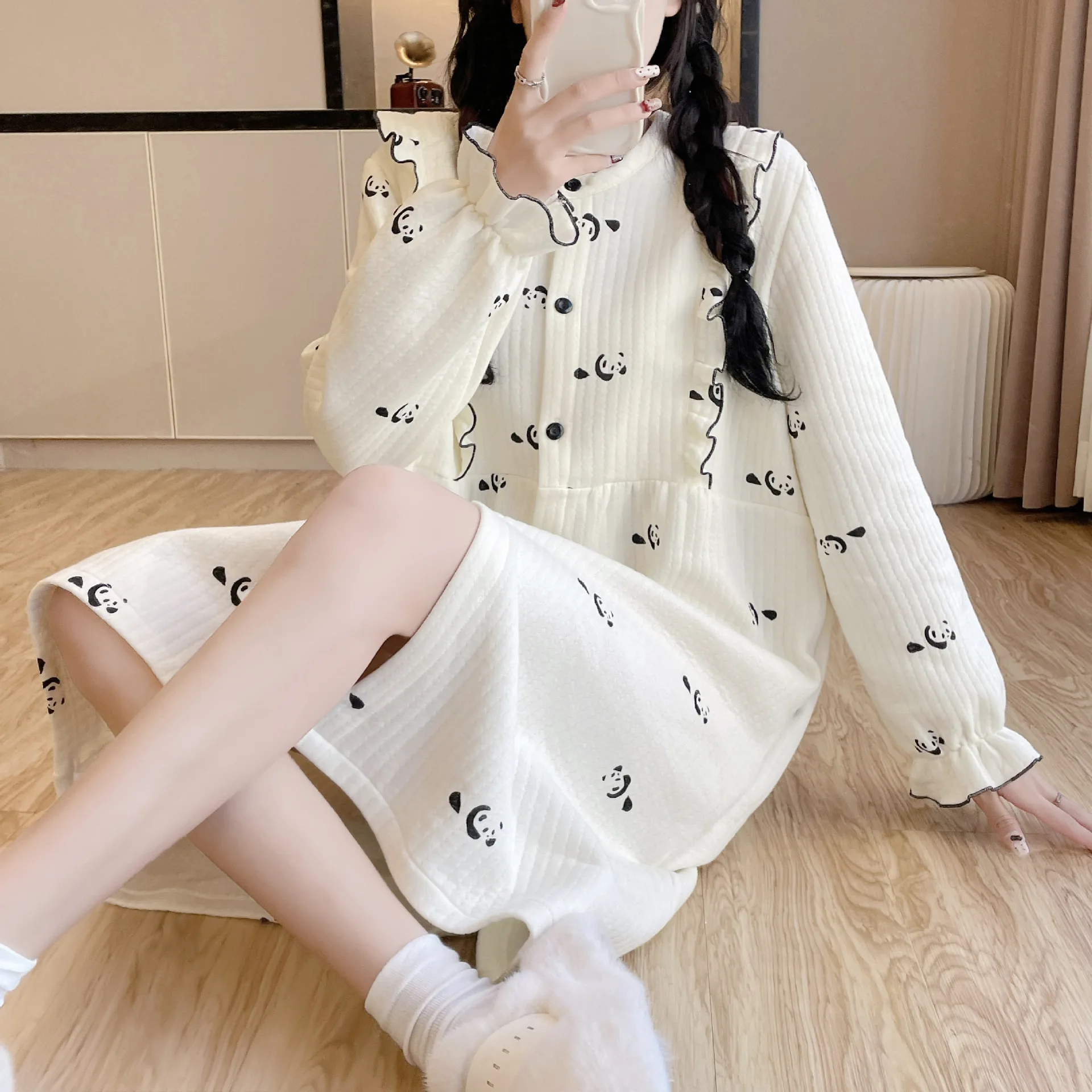 Autumn And Winter All Cotton Warm Long Sleeved Sweet Casual Pajama Skirt Three-layer Air Maternity Home Confinement Suit Female