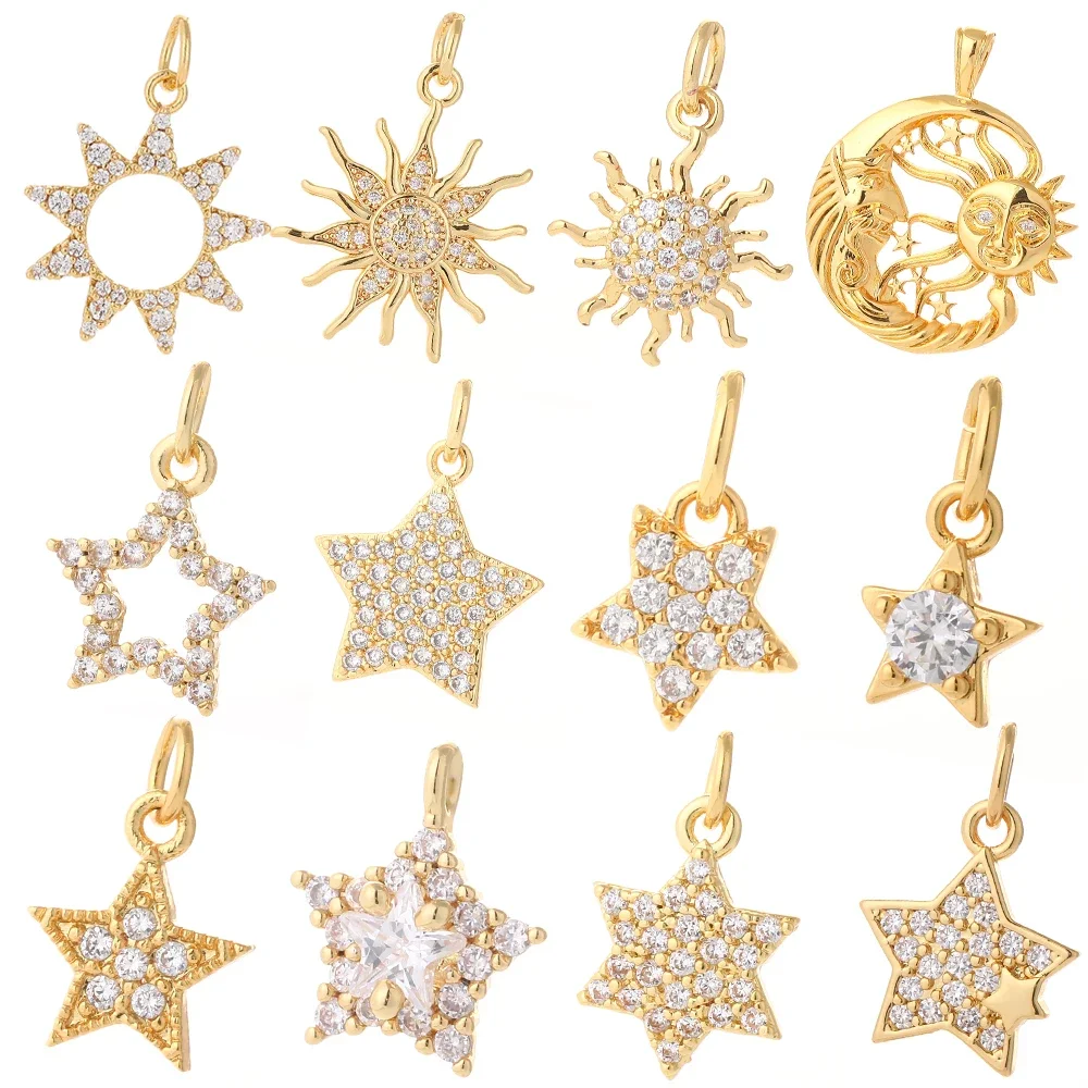 Dijes colgantes de Sol de estrella para pendientes, suministros de fabricación de collares, accesorios colgantes dorados, dijes de joyería Diy, dijes de circón CZ