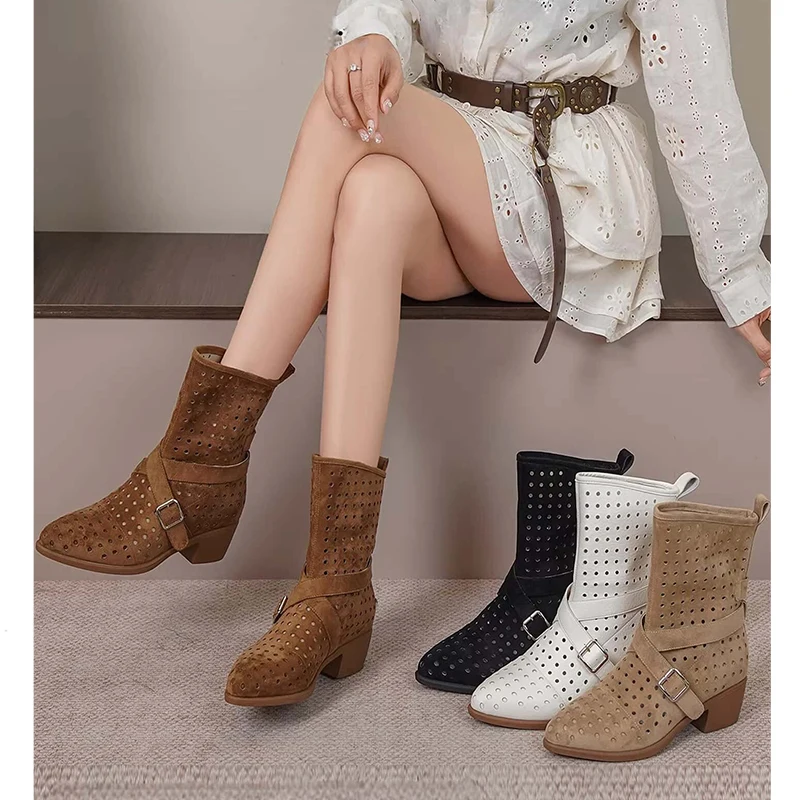 

Retro Western Style Women's Boots Velvet Surface Hollow out Design Pointed Toe Thick Heel Belt Buckle Short Boots