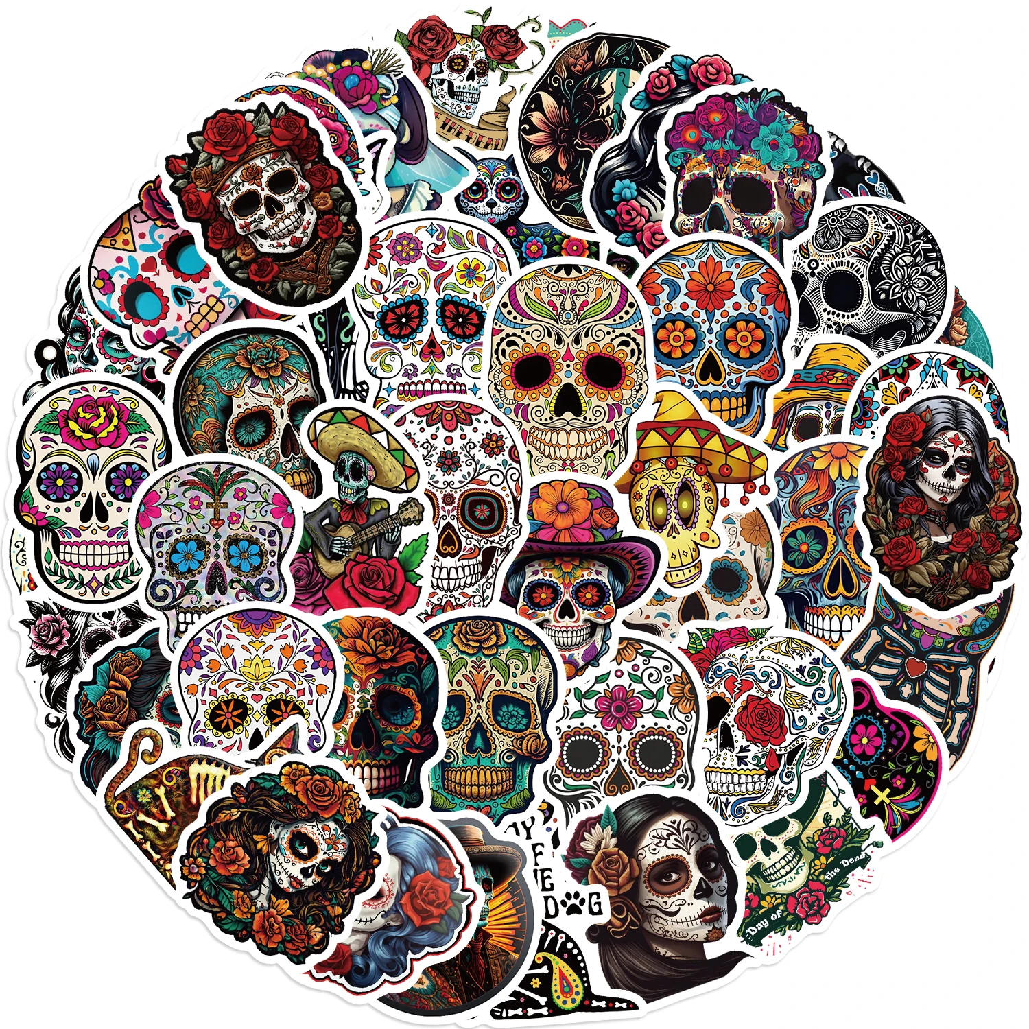 50PCS Mexican Day of the Dead Headbone Graffiti Sticker Skateboard Suitcase Guitar Kettle Deco Laptop Skin Waterproof Phone Case