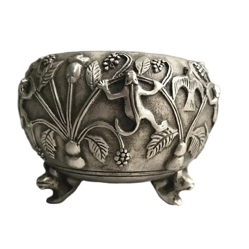 

China antiques tibetan silver hand carved frog bird flower anima incense burner