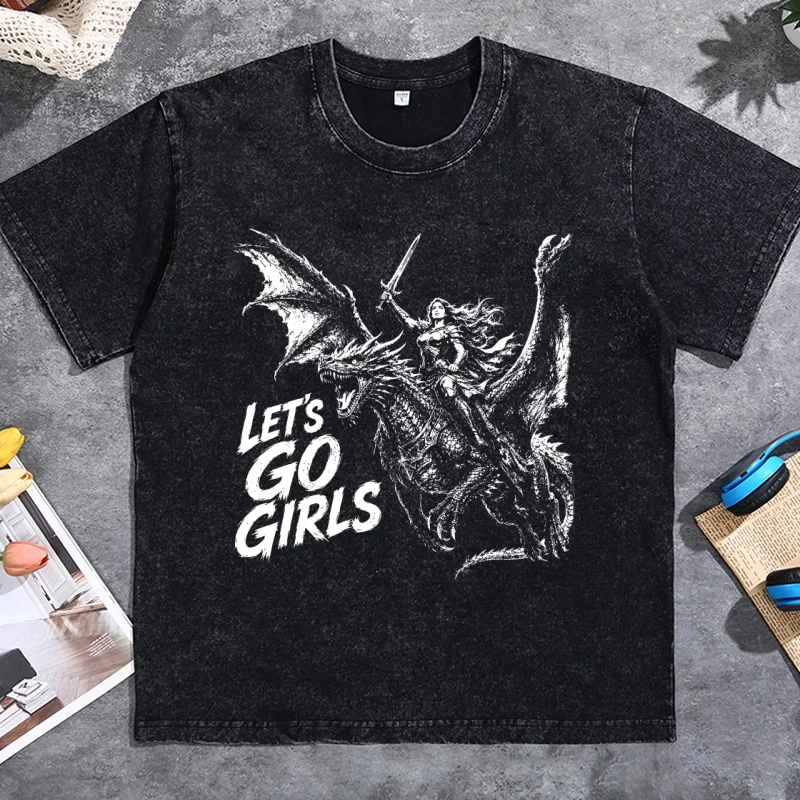 Woman Dragon Rider T Shirt Fantasy Graphic Tee Feminist Cotton Short Sleeve Round Neck T-shirt Printed Round Neck Clothes