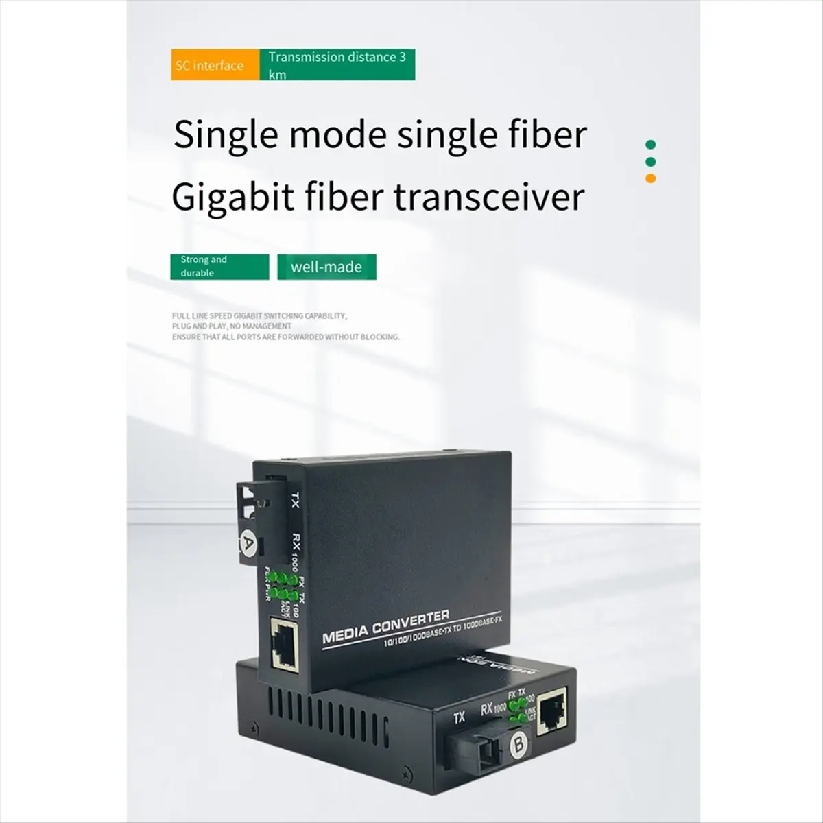 1 Pair Gigabit Fiber Transceiver 3KM Single Mode Single Fiber SC Gigabit Media Converter for Security Monitoring EU Plug