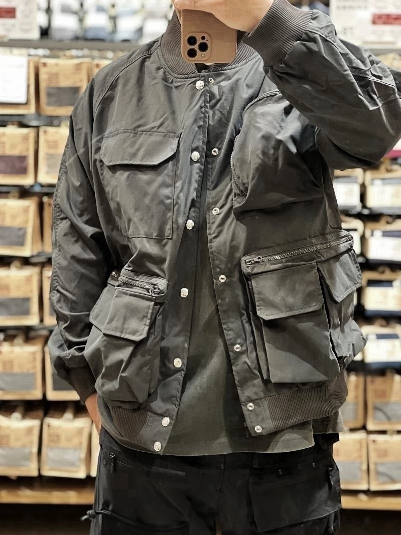 BENS Lightweight Baseball Collar Jacket Multi-Pocket Trendy Spring Outerwear Loose Fit Youthful Style Long Sleeve Regular Length