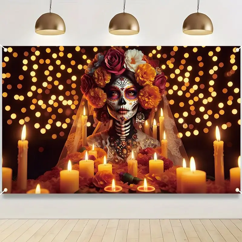 VIKAMA Day of Dead Sugar Skull Lady Tapestry Floral Halloween Aesthetic Wall Hanging Bedroom Dorm Party Photo Background Decor