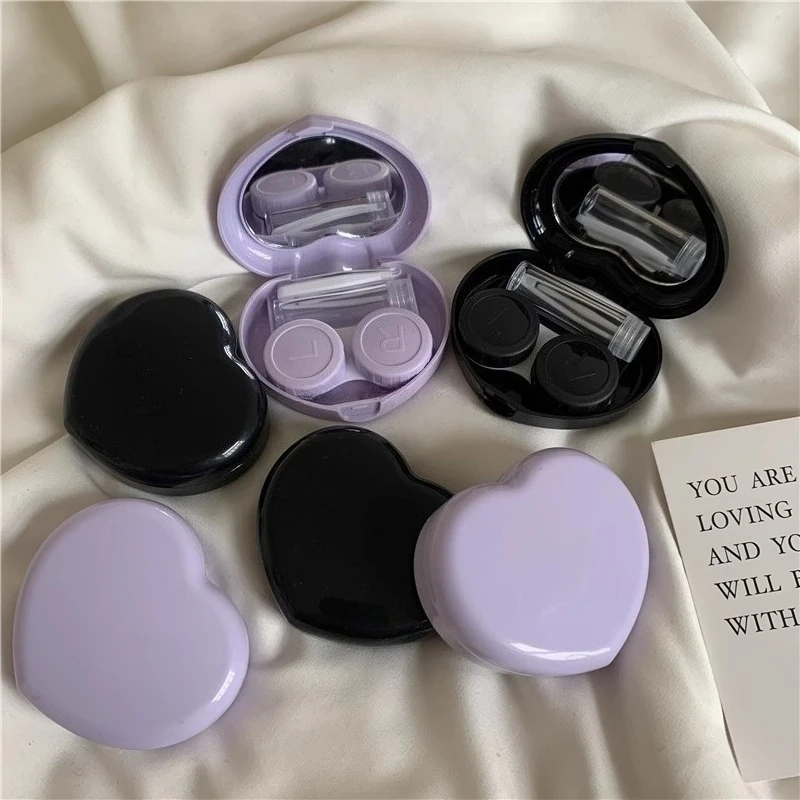

Retro Black Purple Heart Shape Contact Lens Cases Portable Travel Contact Lens Storage Care Box with Mirror Tweezer Soaking Box