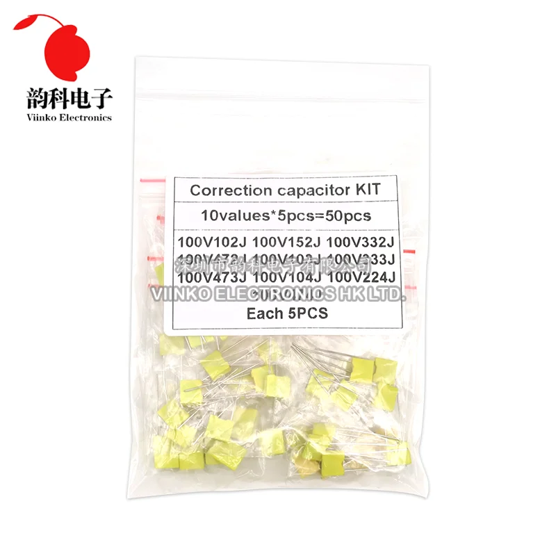 

50pcs 100V Correction Capacitor Kit 10ValuesX5pcs Safety Plastic Film Set 102J 152J 332J 472J 103J 333J 473J 104J 224J 474J