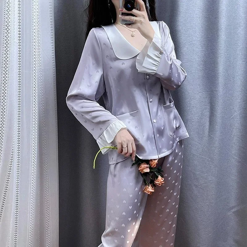 Female Spring and Autumn Long Sleeve Lace Royal Court Princess Set 2024 New Ice Silk Sweet Light Luxury Method Romance Pajamas