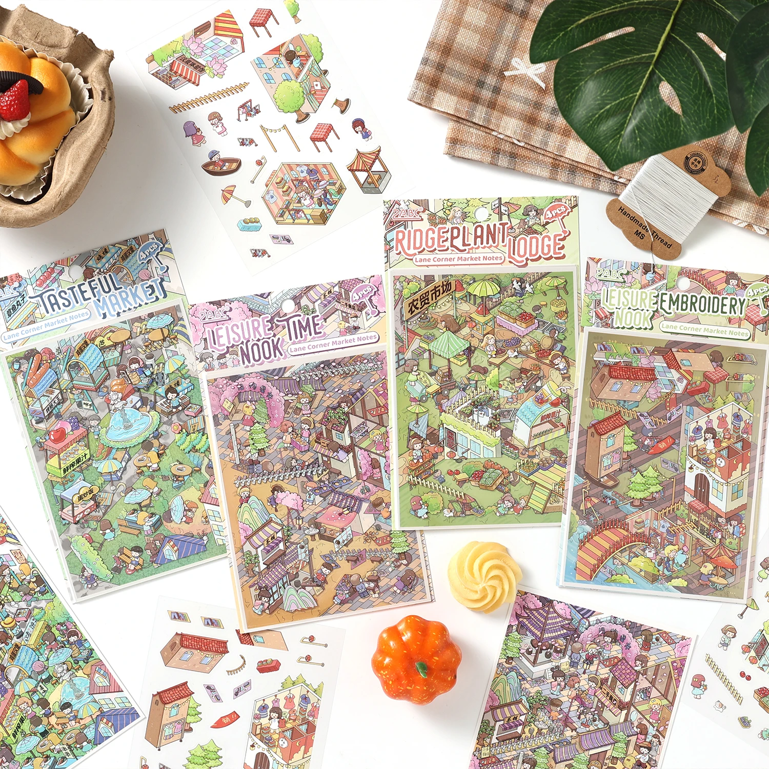 4 stuks Alley Corner Market Notes-serie PET-stickers, Bazaar Street Scene-stickers, scrapbooking- en dagboekbenodigdheden