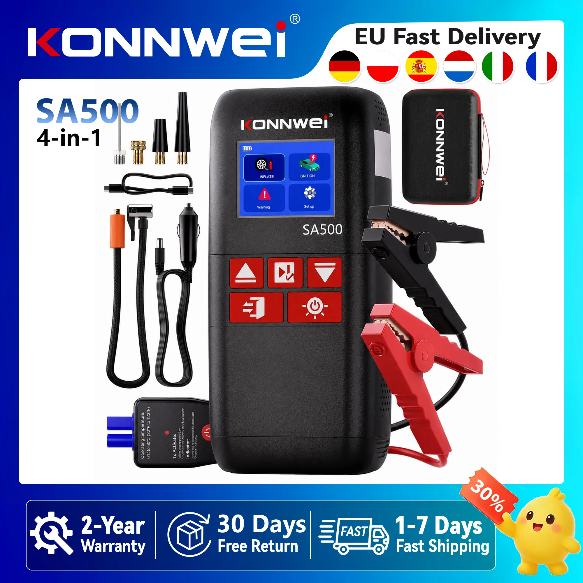 KONNWEI SA500 Avviatore per Auto con Compressore d'Aria, Power Bank 10400mAh, Gonfiatore Pneumatici, Luce LED di Emergenza, Kit di Strumenti Veicolari, Attrezzatura da Esterno, Spedizione Gratuita