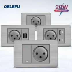 DELEFU Grey Stainless Steel Panel Israel Standard USB TypeC Fast Charging Wall Socket Light Switch Sat TV Tel CAT5 CAT6 20W HDMI