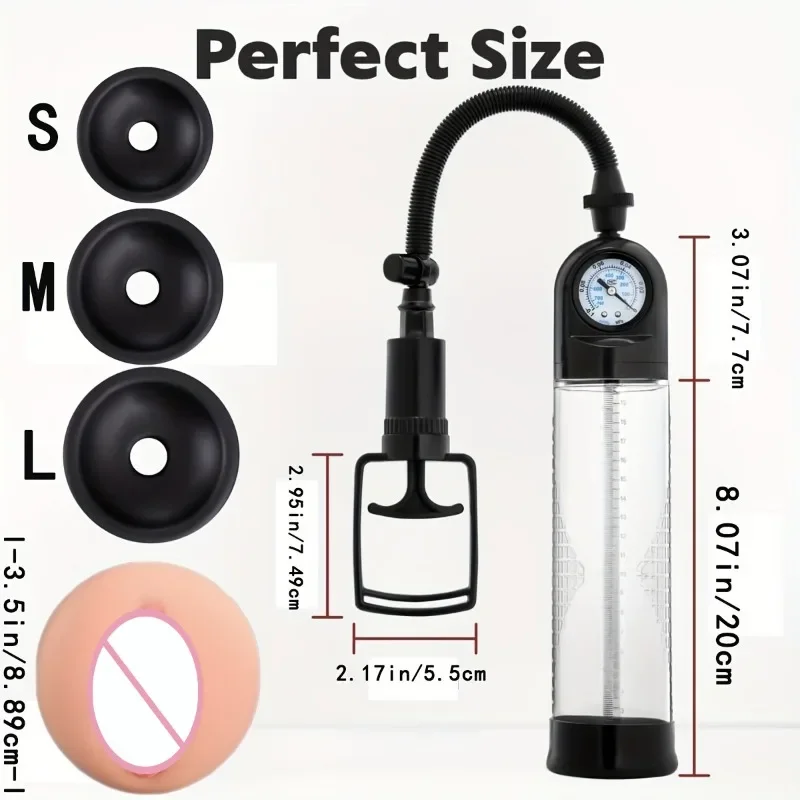 Vacuum Pump Toys for Men with Pressure Gauge Including 1 Realistic Vaginal Sleeve and 3 Silicone Sets for Male Penis Pump view 6