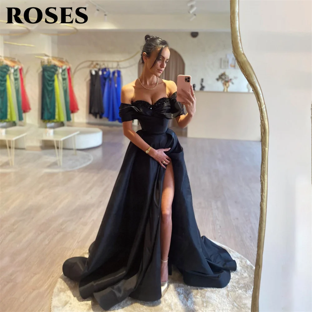 

ROSES Black A Line Prom Dresses Sequin Sweetheart فساتين سهره Off The Shoulder Evening Dress Side Split Stain Formal Prom Dress