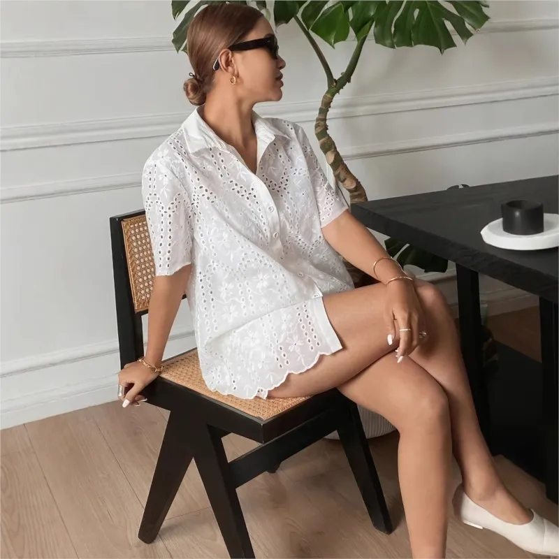 Summer White Hollow Out Loose Fit Shirt & Shorts Set Short Sleeve Lapel Ruffle Hem Casual 2 Piece Set Daily Women's Outfit