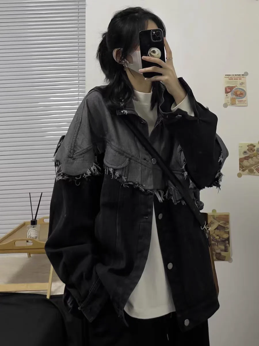 

Retro American Men's Denim Jaet Spring Autumn Trendy Brand Splice Design Sensation Cool Haome Loose Fit Long Sve