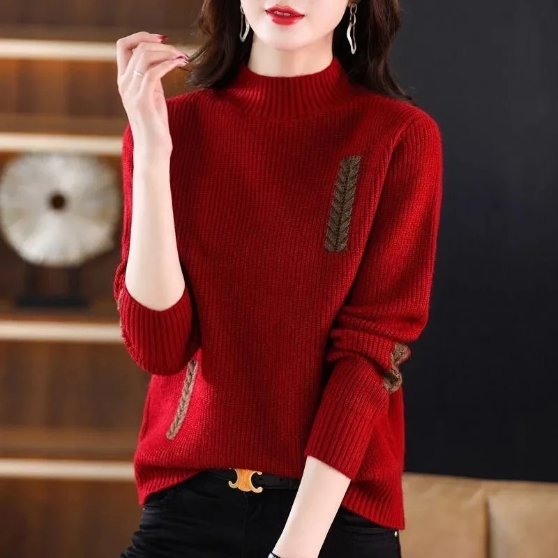 Women Sweater Pullover 2023 New Autumn Winter Thicke Half High Neck Loose Short Knit Sweater Bottom Shirt Female Jumper Tops