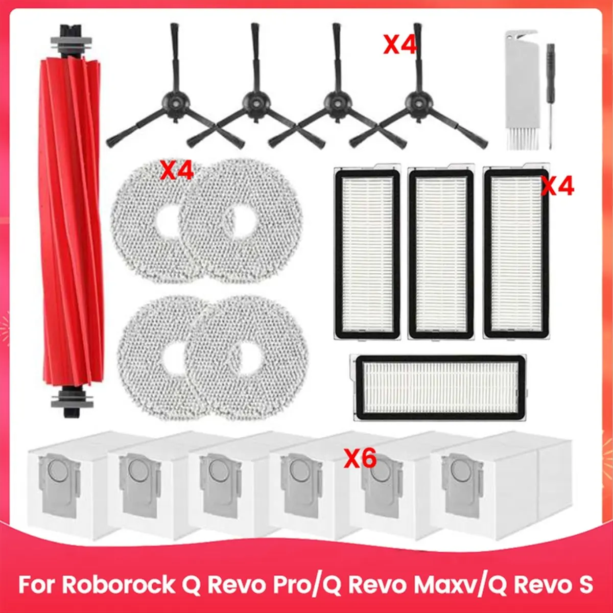 M08K Accessories Kit for Roborock Q Revo Pro / Q Revo Maxv / Q Revo S Vacuum Cleaner Parts Main Brush Filters Mop Dust Bags