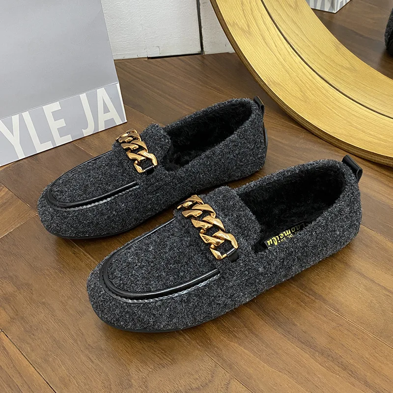 

Модные женские пушистые лоферы на плоской подошве с металлической цепочкой, зимние теплые плюшевые слипоны, повседневная удобная хлопковая обувь с круглым носком